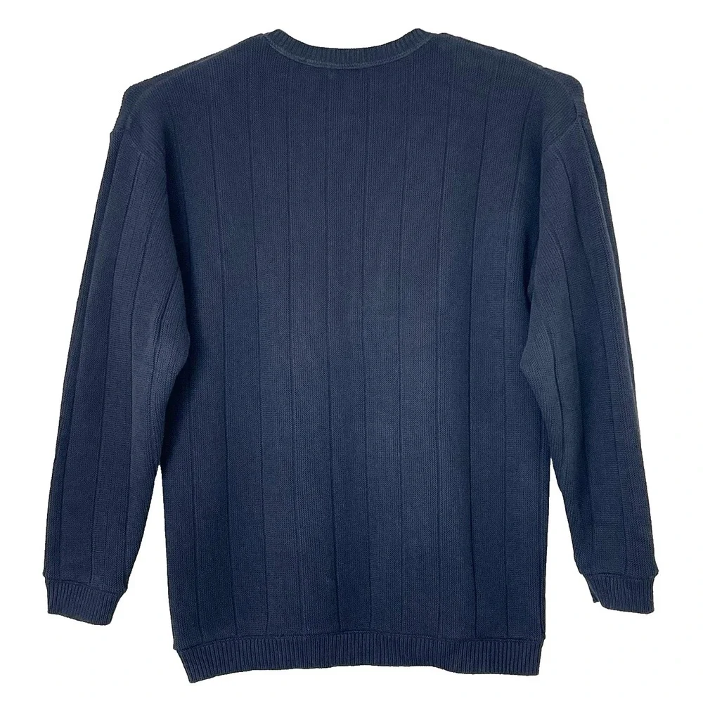 Vintage Izod Men's Knit Sweater L Blue Wide Rib Crew Neck Crest Logo Made in USA